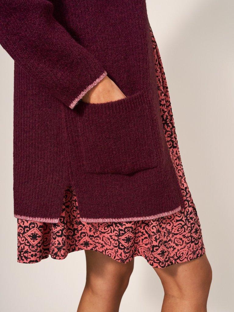 ERICA LONGLINE CARDI in DK PLUM - MODEL DETAIL