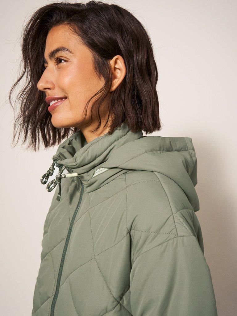 Lorena Quilted Coat in MID GREEN - MODEL DETAIL