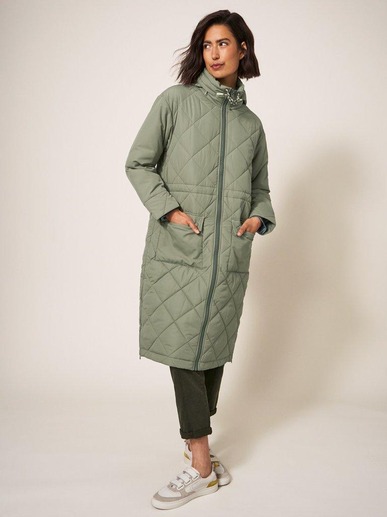 Lorena Quilted Coat in MID GREEN - MODEL FRONT