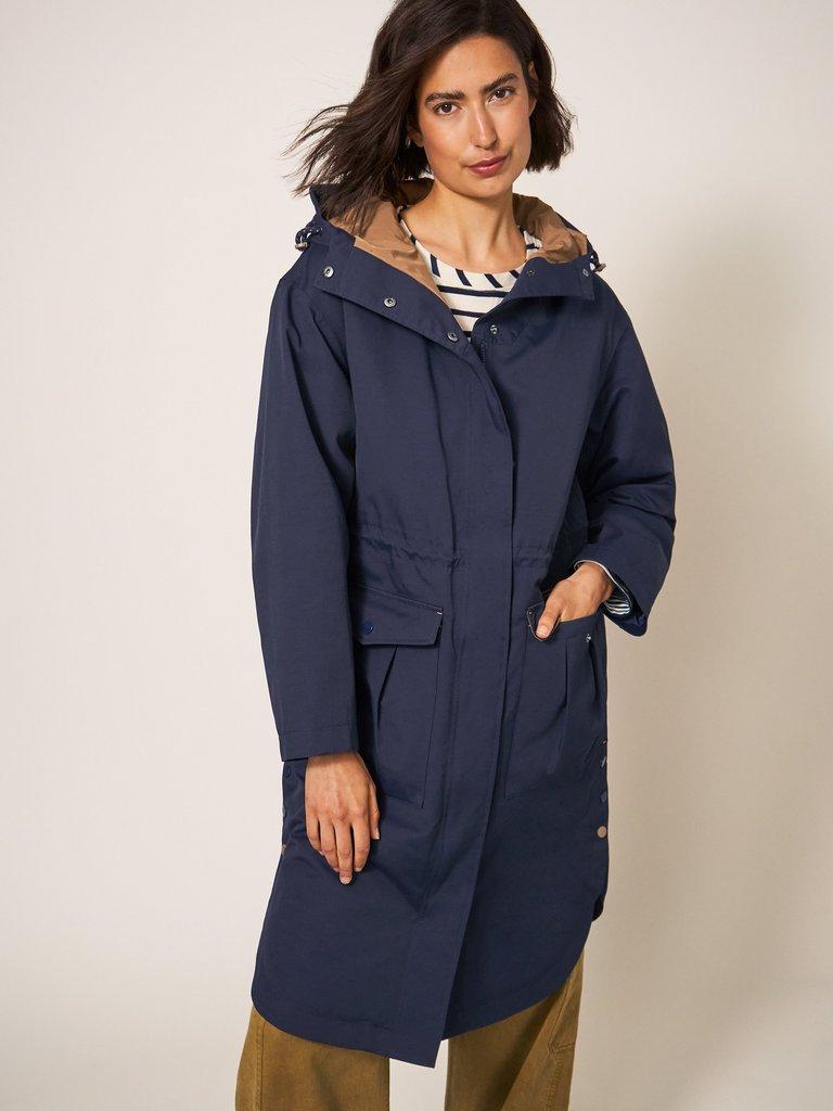 Millie Waterproof Coat in NAVY MULTI - MODEL DETAIL