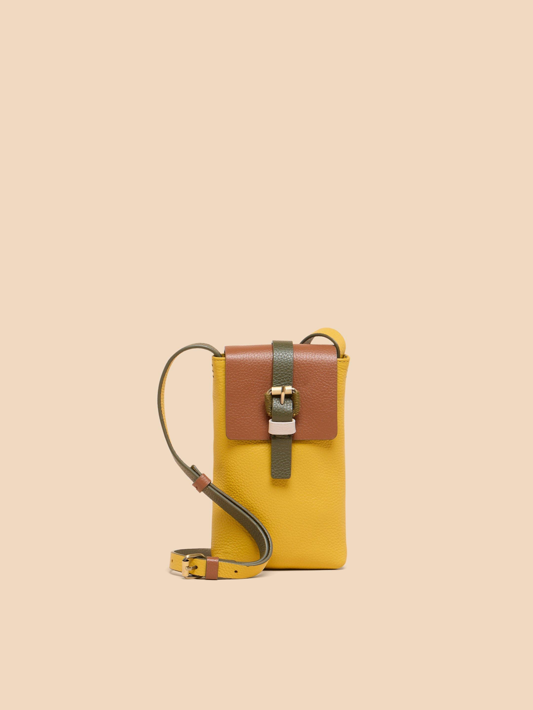 Clara Buckle Leather Phone Bag in CHART MLT - MODEL FRONT