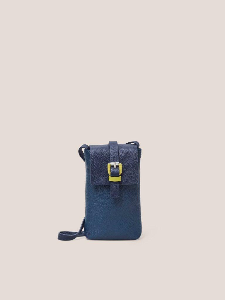 Clara Buckle Leather Phone Bag in DARK NAVY - MODEL FRONT