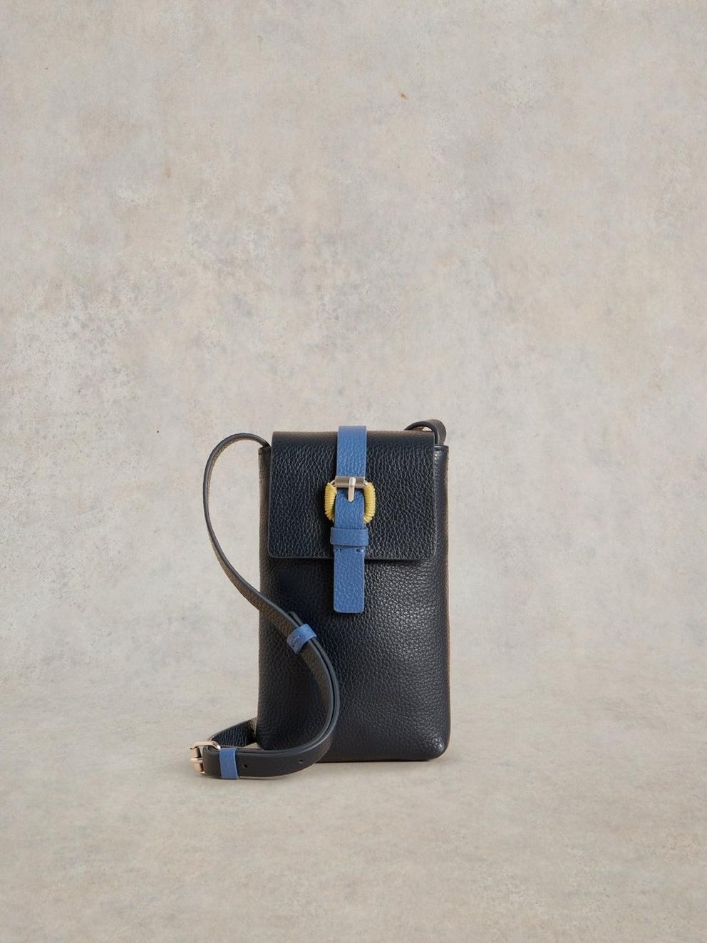 Clara Buckle Leather Phone Bag in FR NAVY - LIFESTYLE