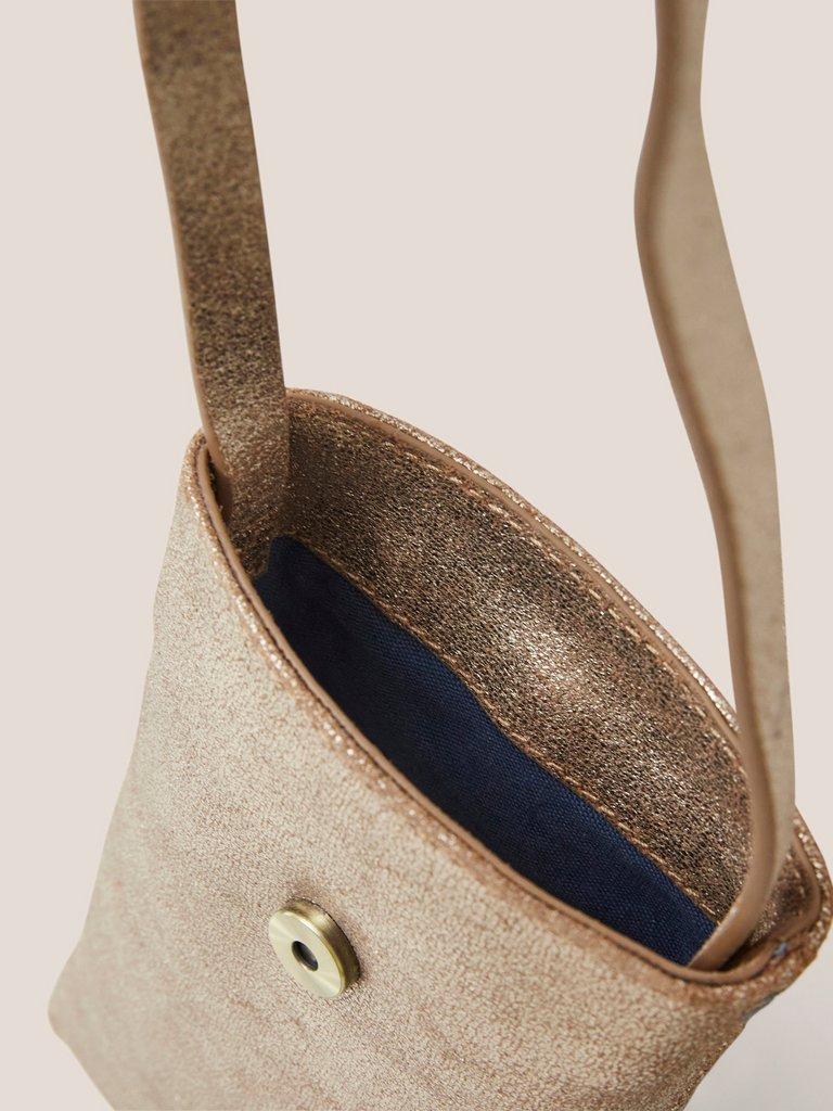 Clara Buckle Leather Phone Bag in GLD TN MET - FLAT DETAIL
