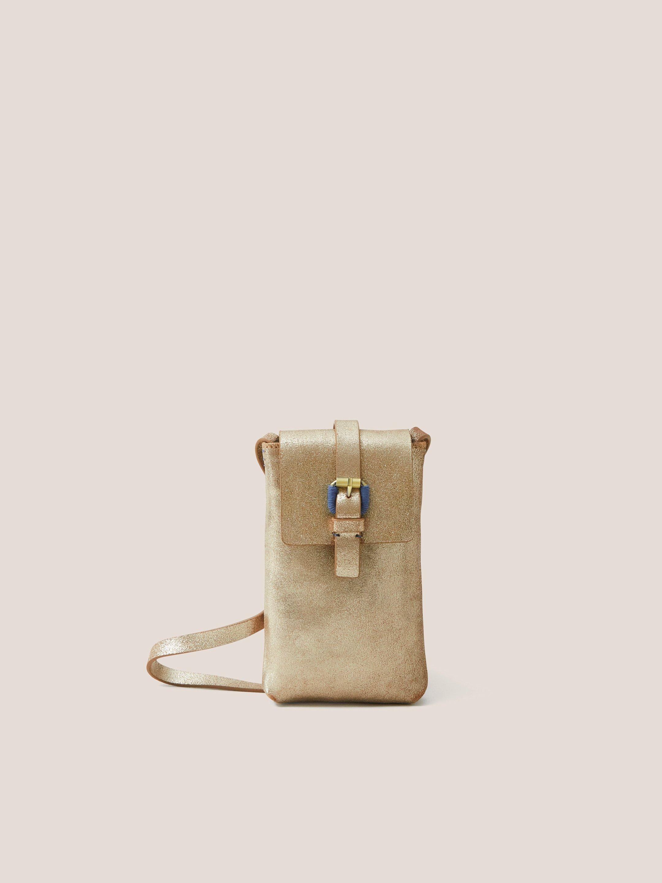 Clara Buckle Leather Phone Bag in GLD TN MET - FLAT FRONT