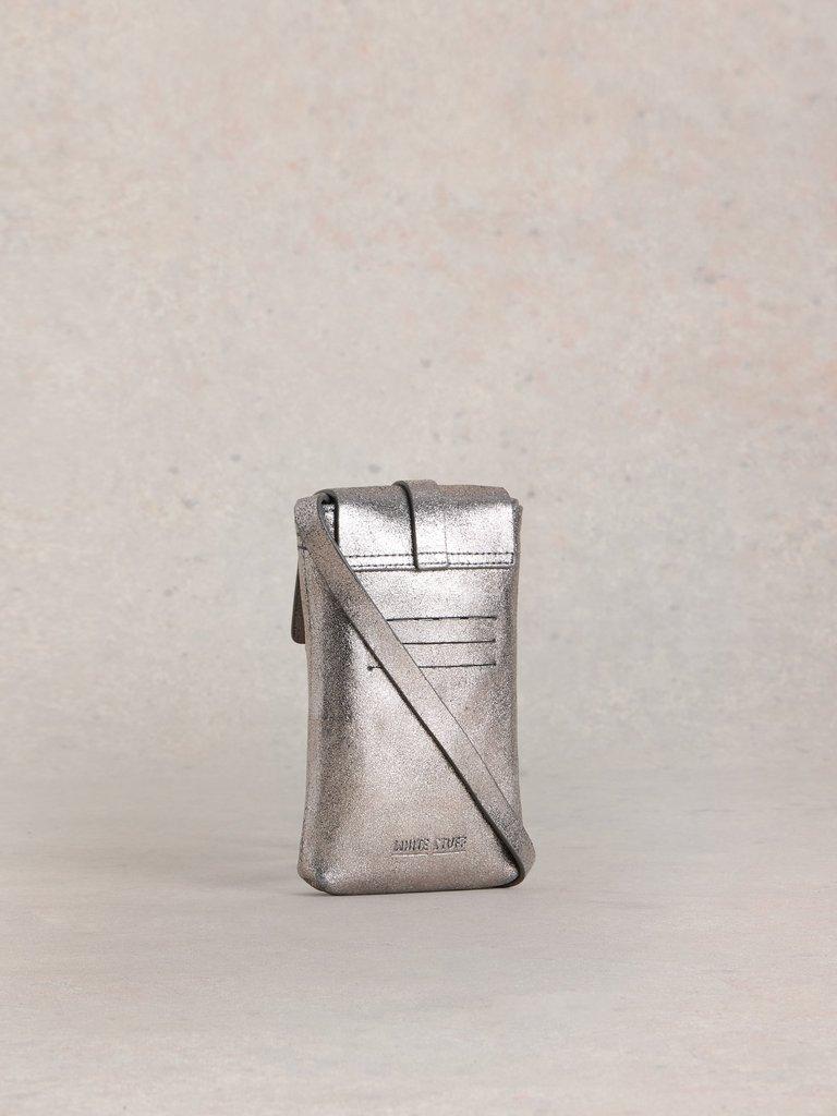Clara Buckle Leather Phone Bag in PEWTER MET - FLAT BACK
