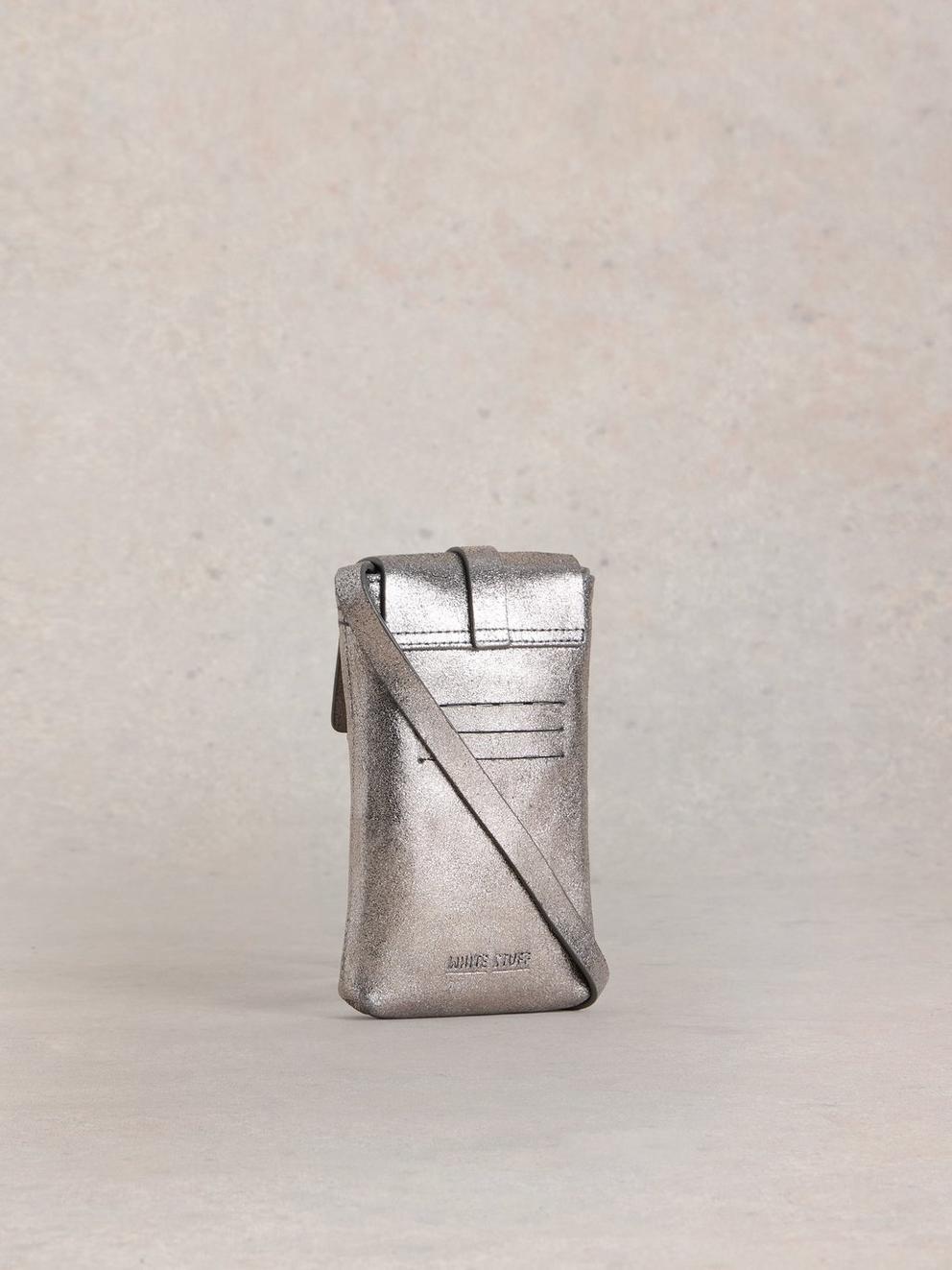 Clara Buckle Leather Phone Bag in PEWTER MET - FLAT BACK
