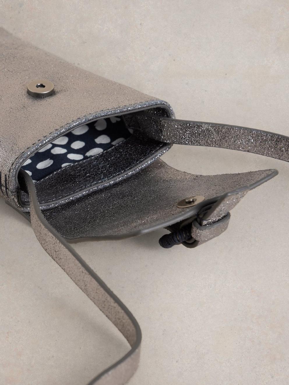 Clara Buckle Leather Phone Bag in PEWTER MET - FLAT DETAIL
