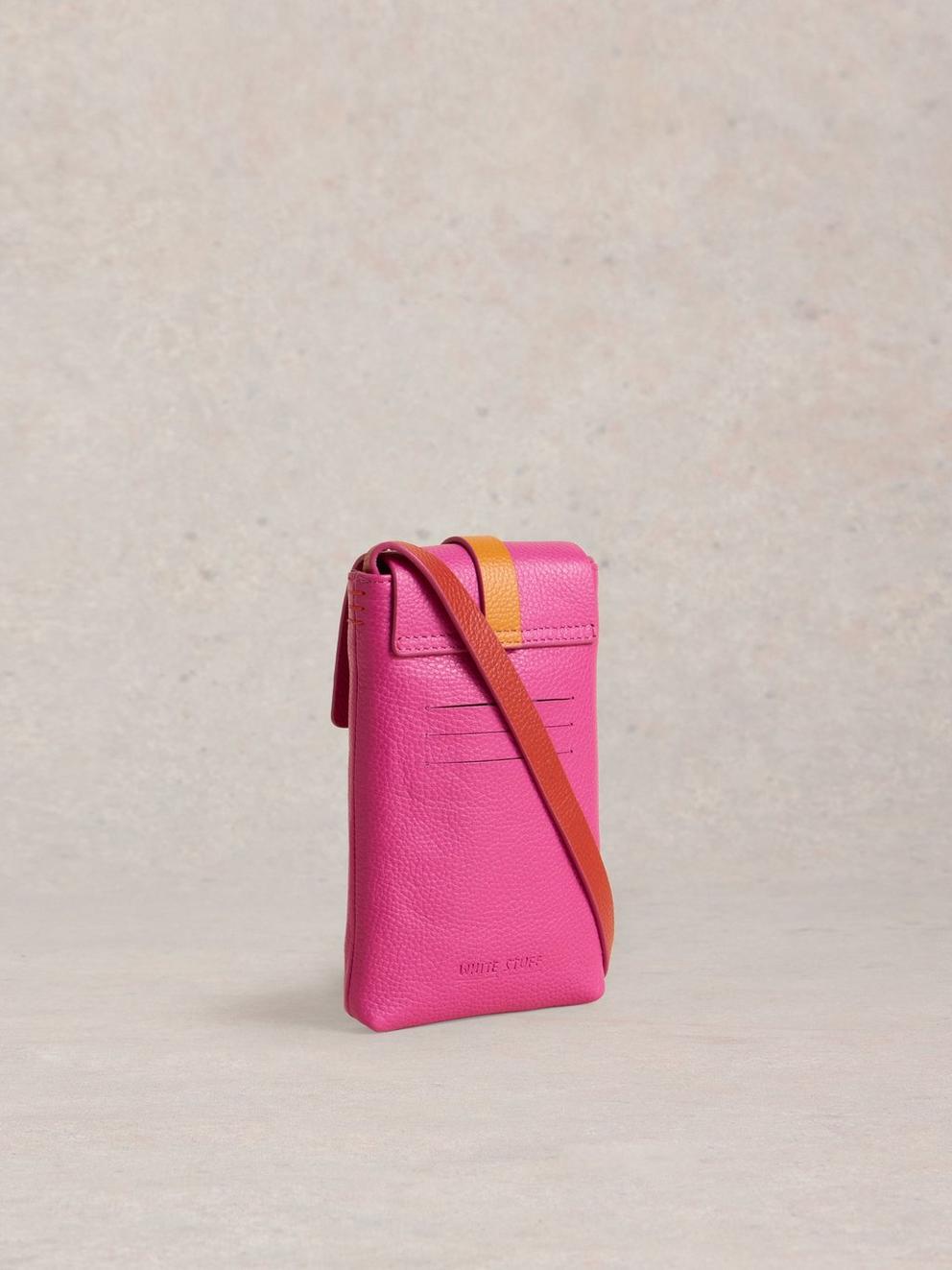 Clara Buckle Leather Phone Bag in PINK MLT - FLAT BACK