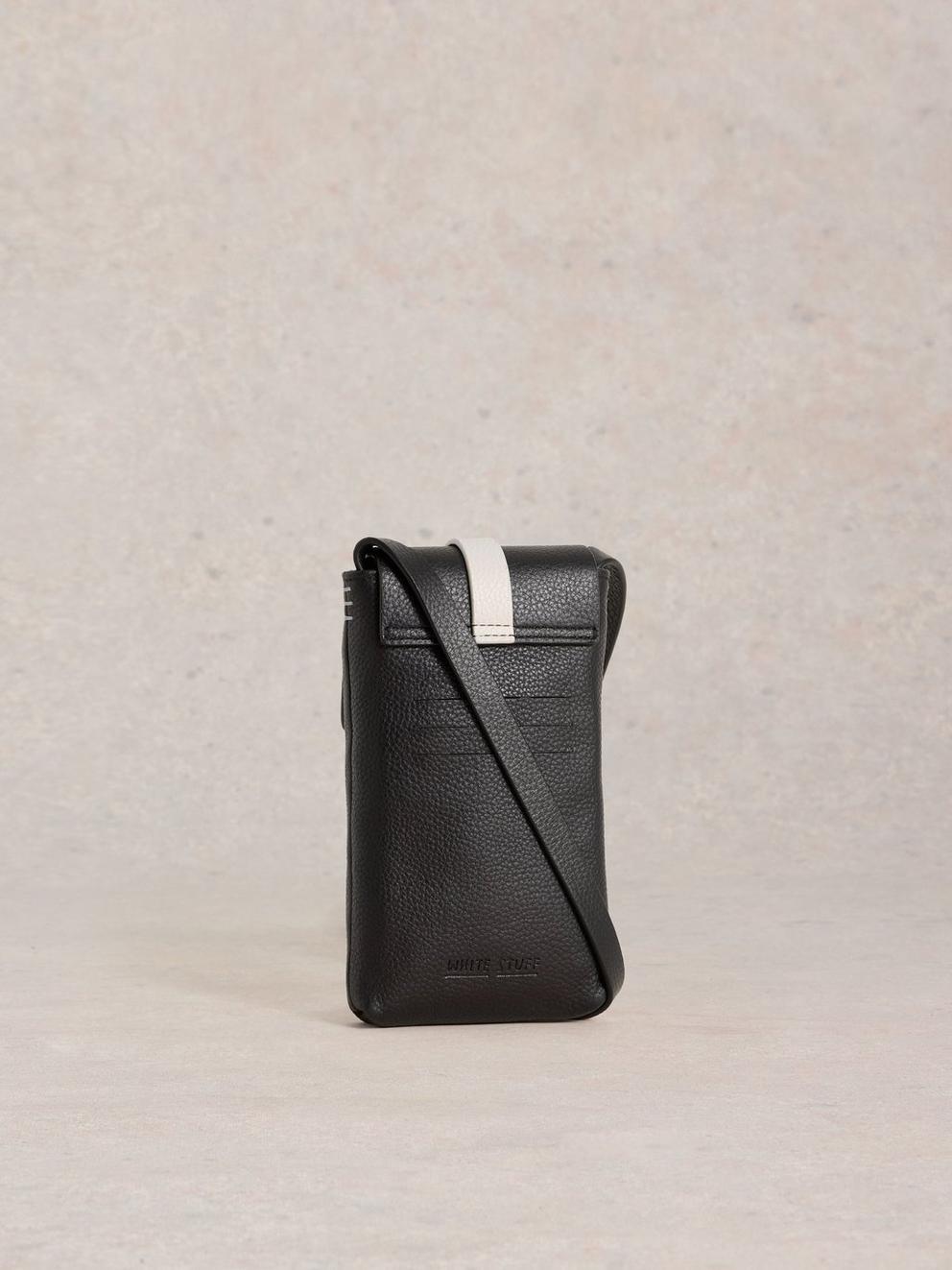 Clara Buckle Leather Phone Bag in PURE BLK - FLAT BACK