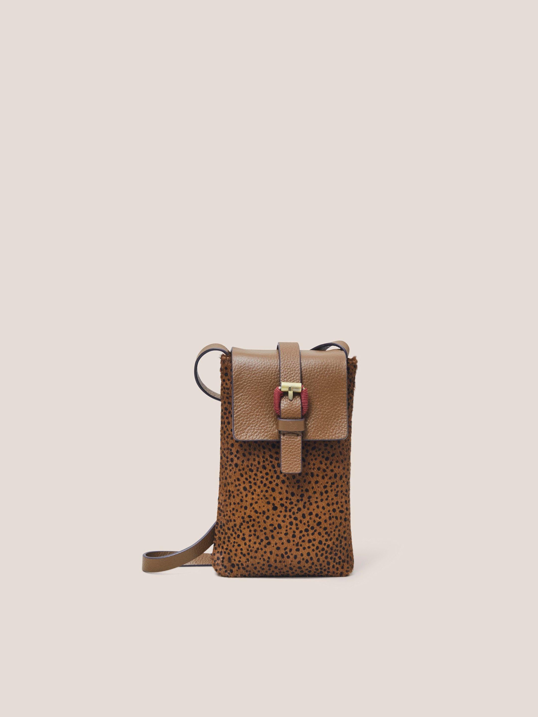 Clara Buckle Leather Phone Bag in TAN PR - MODEL FRONT
