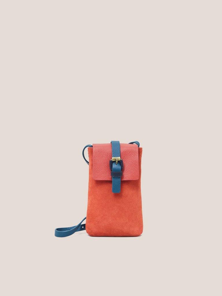 Clara Buckle Suede Phone Bag in BRT ORANGE - MODEL FRONT