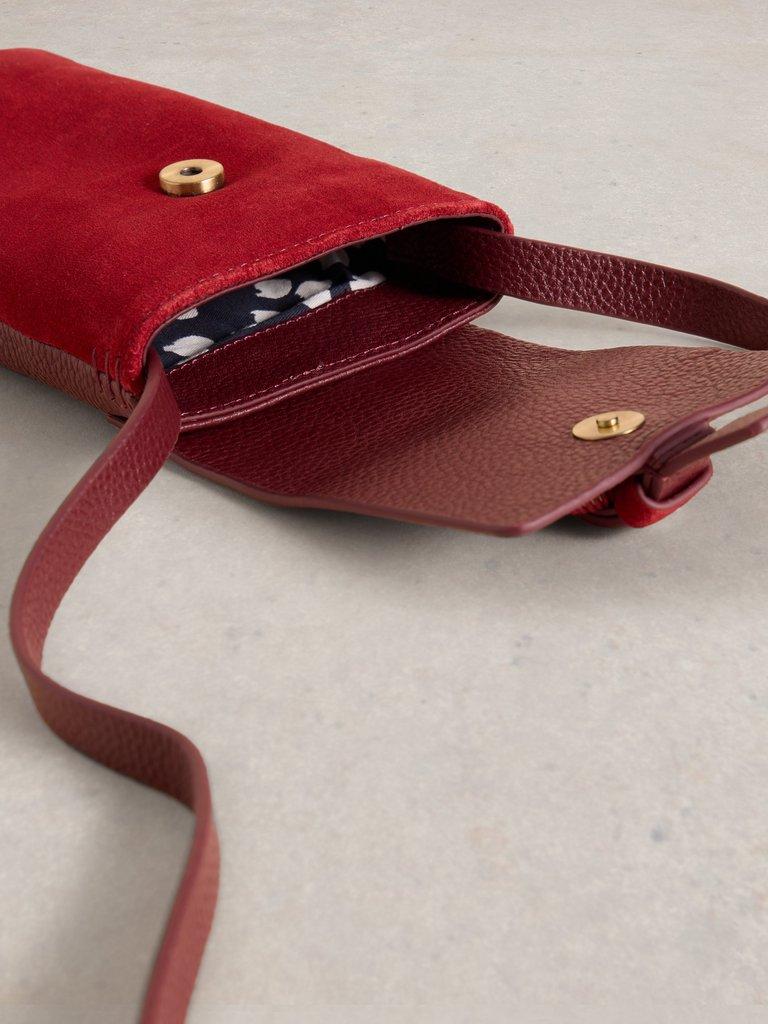 Clara Buckle Suede Phone Bag in BRT RED - FLAT DETAIL