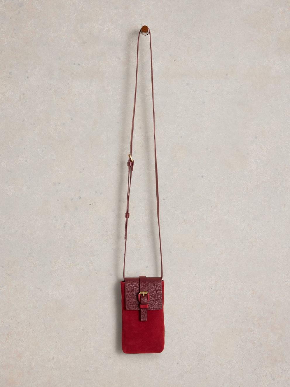 Clara Buckle Suede Phone Bag in BRT RED - FLAT FRONT