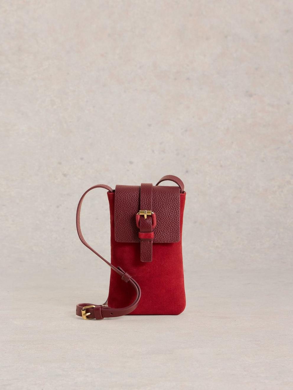 Clara Buckle Suede Phone Bag in BRT RED - LIFESTYLE