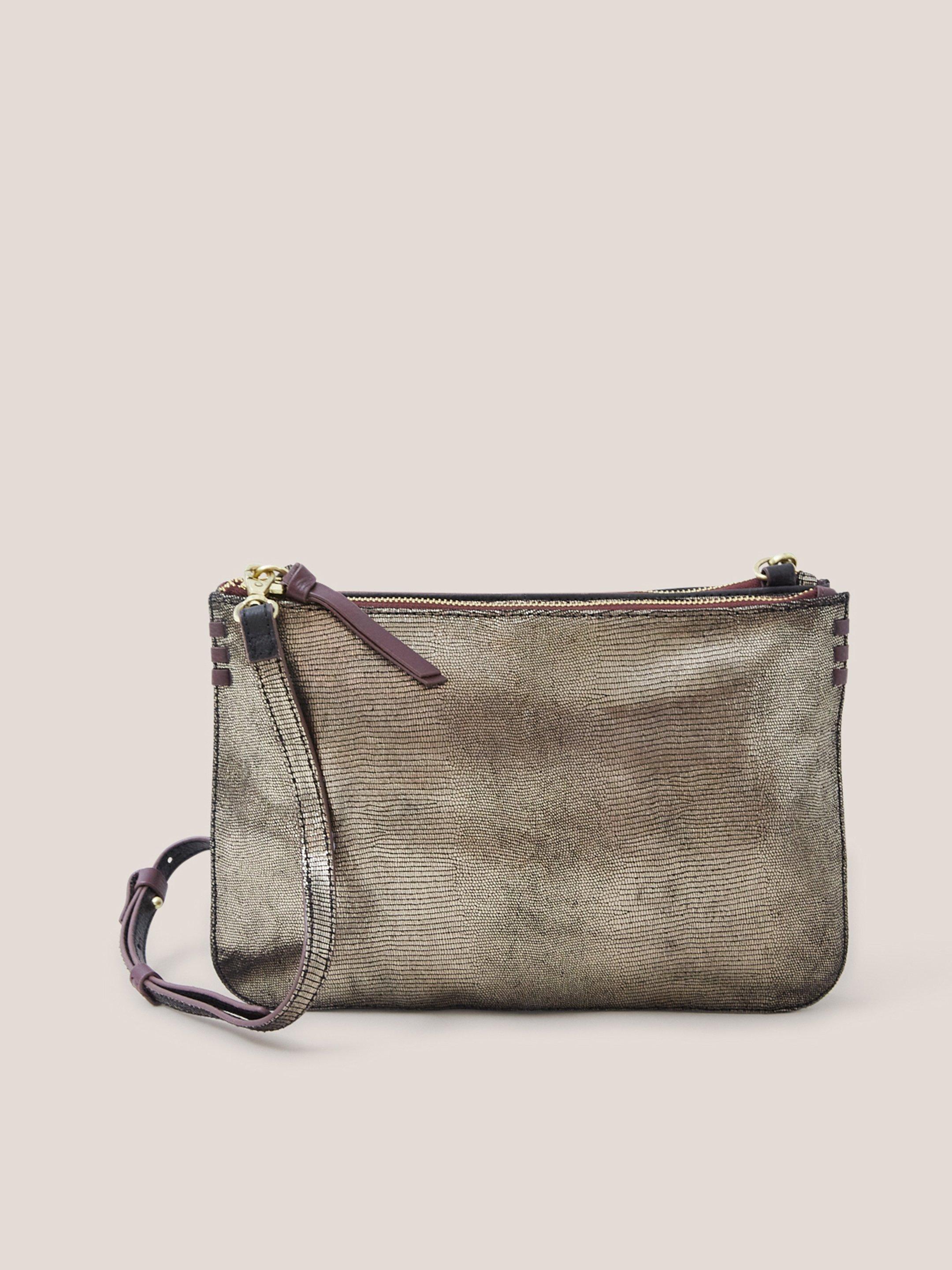 Convertible Double Pouch Bag in GLD TN MET - MODEL FRONT