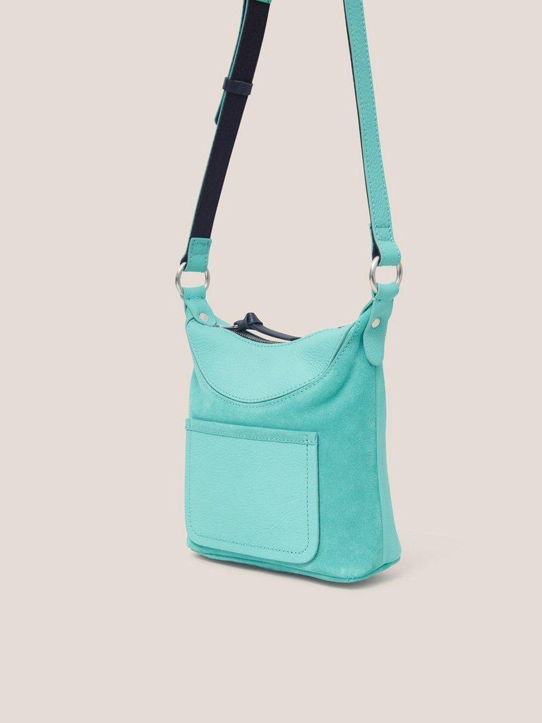 Mini Fleur Suede Crossbody in BRT TEAL - MODEL FRONT
