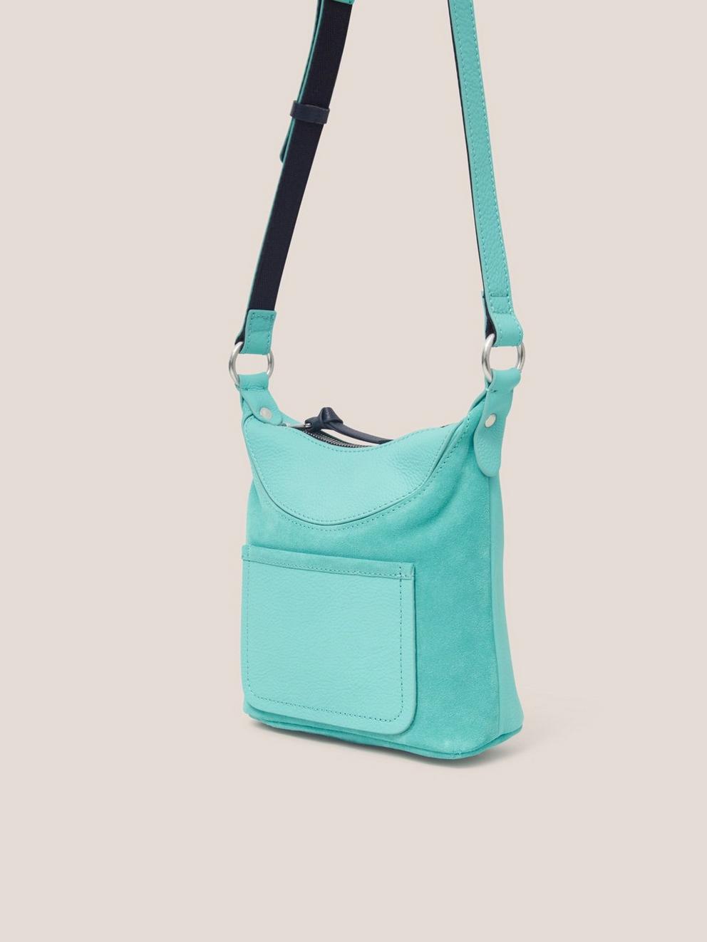 Mini Fleur Suede Crossbody in BRT TEAL - MODEL FRONT