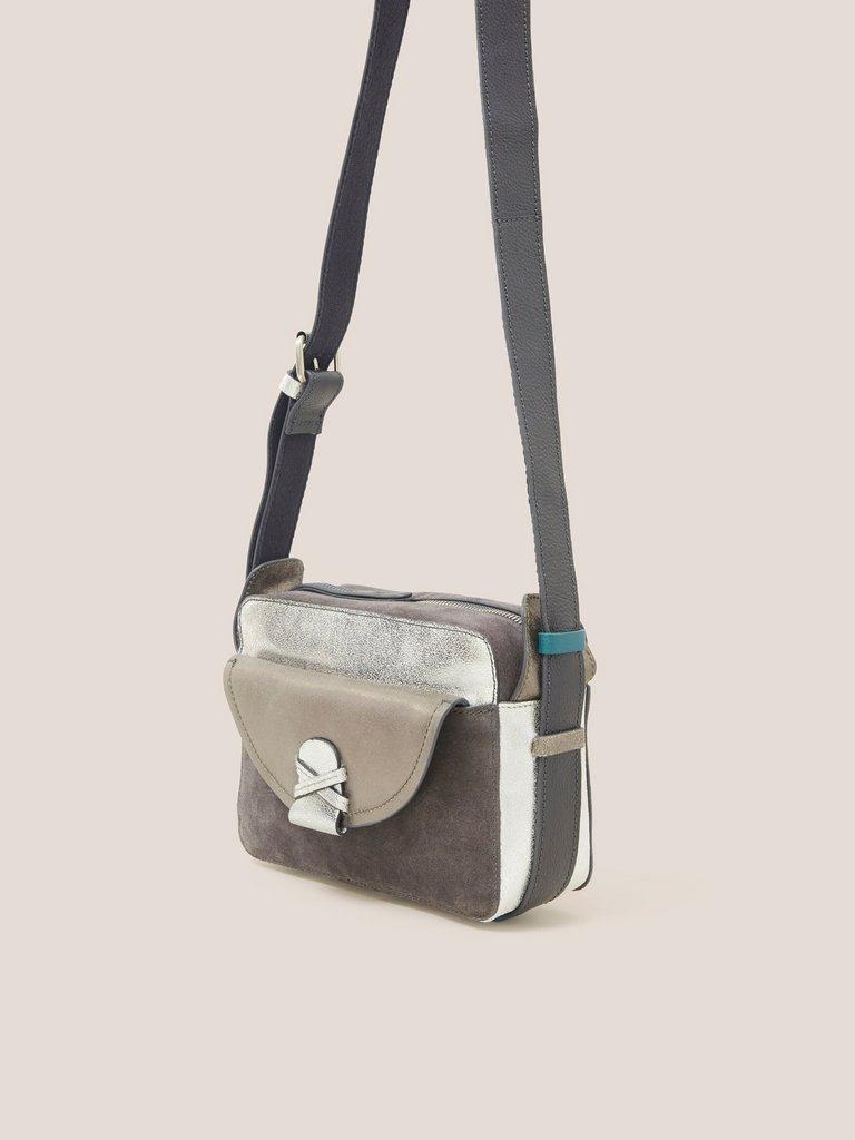 Lola Leather Camera Bag in GREY MLT - MODEL FRONT