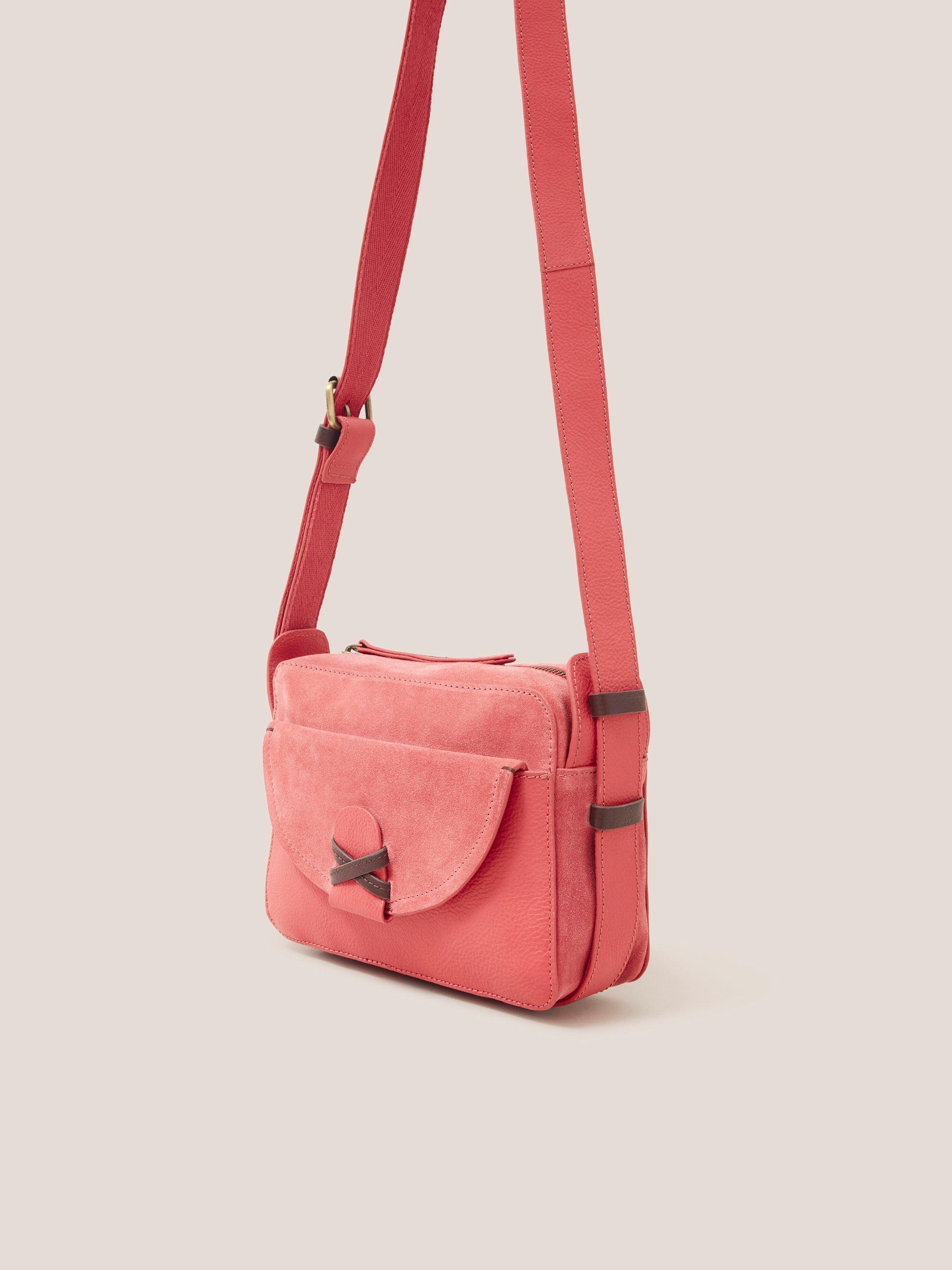 Lola Leather Camera Bag in MID PINK - MODEL FRONT