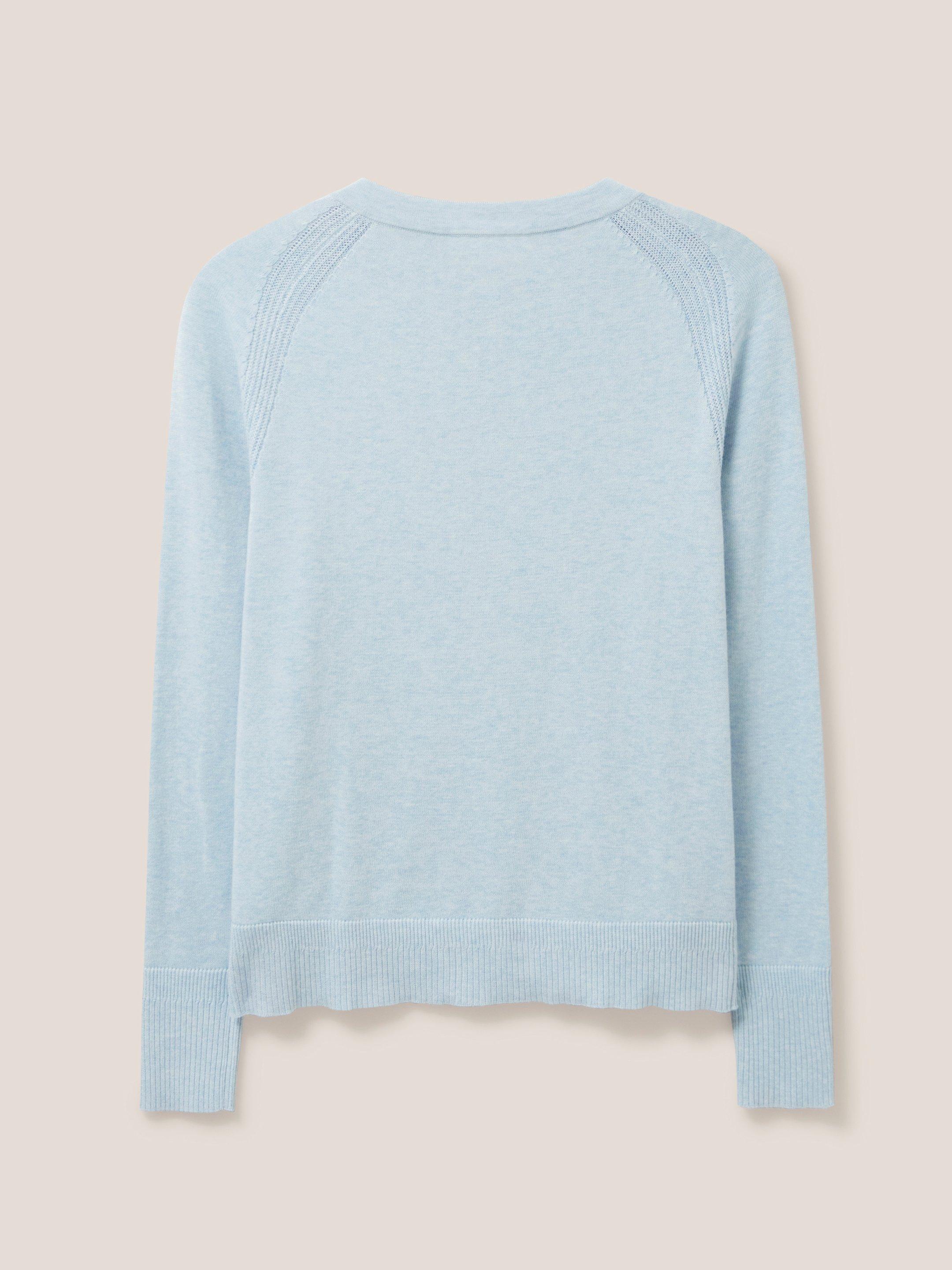 Lulu Knitted Crew Neck Cardigan in LGT BLUE - FLAT BACK