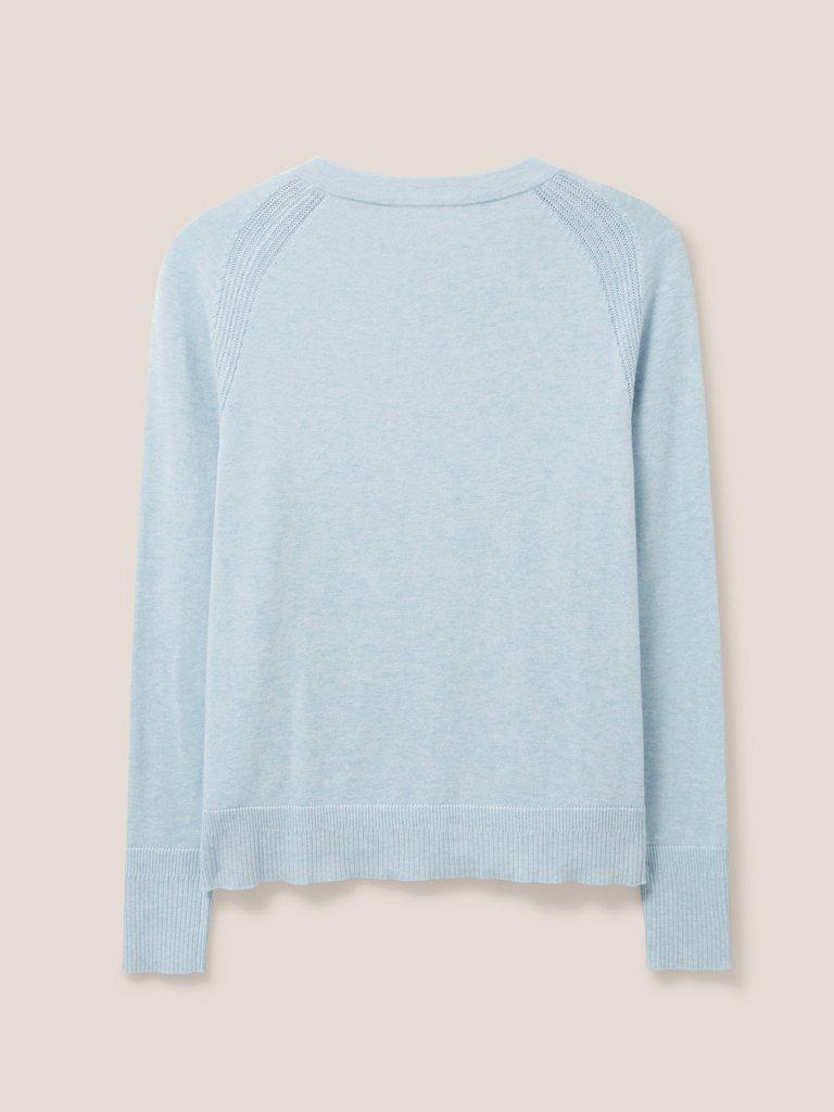 Lulu Knitted Crew Neck Cardigan in LGT BLUE - FLAT BACK