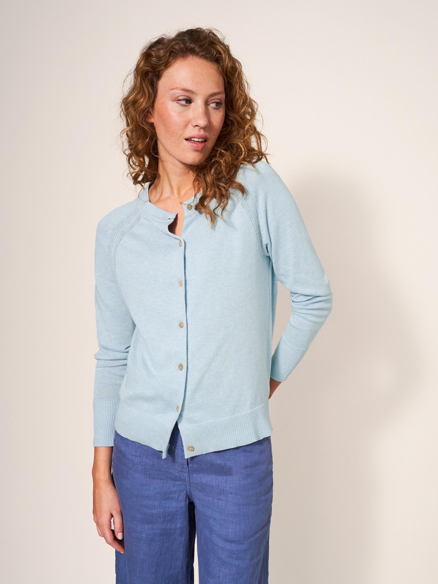 Lulu Knitted Crew Neck Cardigan in LGT BLUE - LIFESTYLE