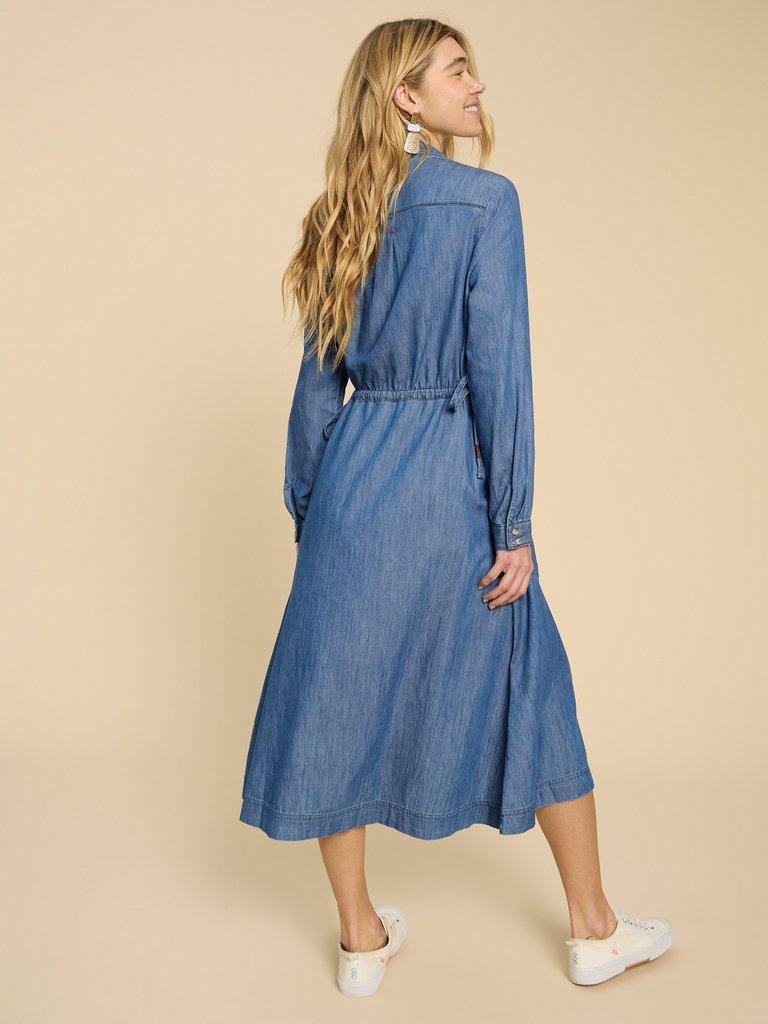 Jade Denim Shirt Dress in MID DENIM - MODEL BACK