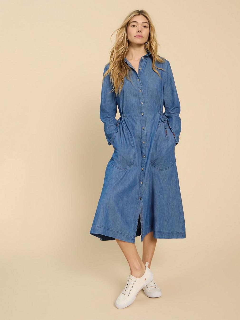 Jade Denim Shirt Dress in MID DENIM - MODEL FRONT