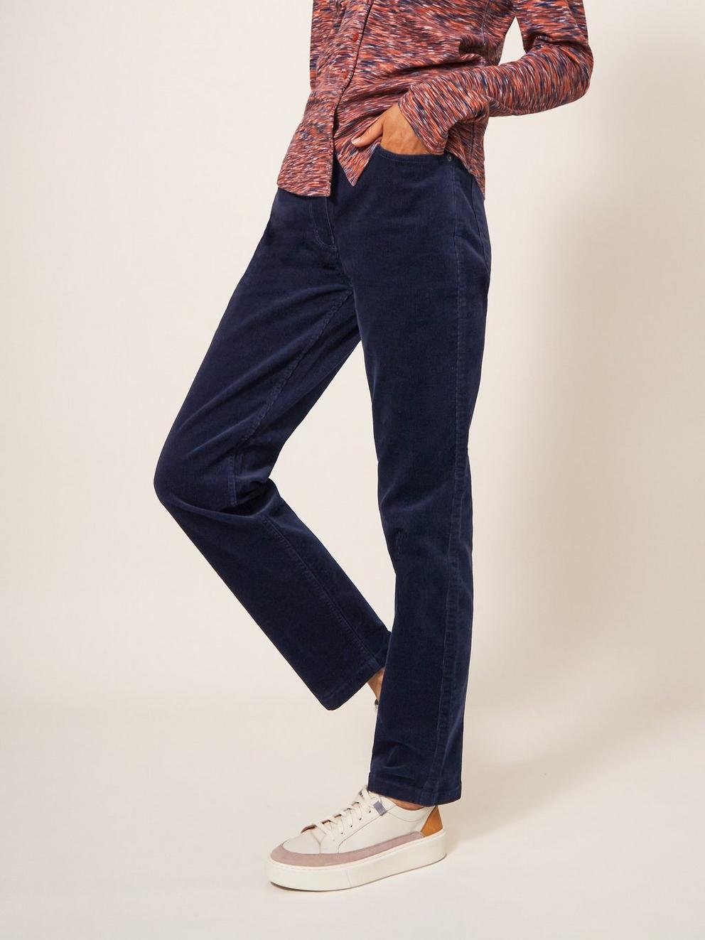 Brooke Mid Rise Cord Trouser in DARK NAVY - MODEL DETAIL