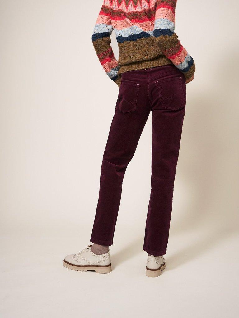 Brooke Mid Rise Cord Trouser in DK PLUM - MODEL BACK