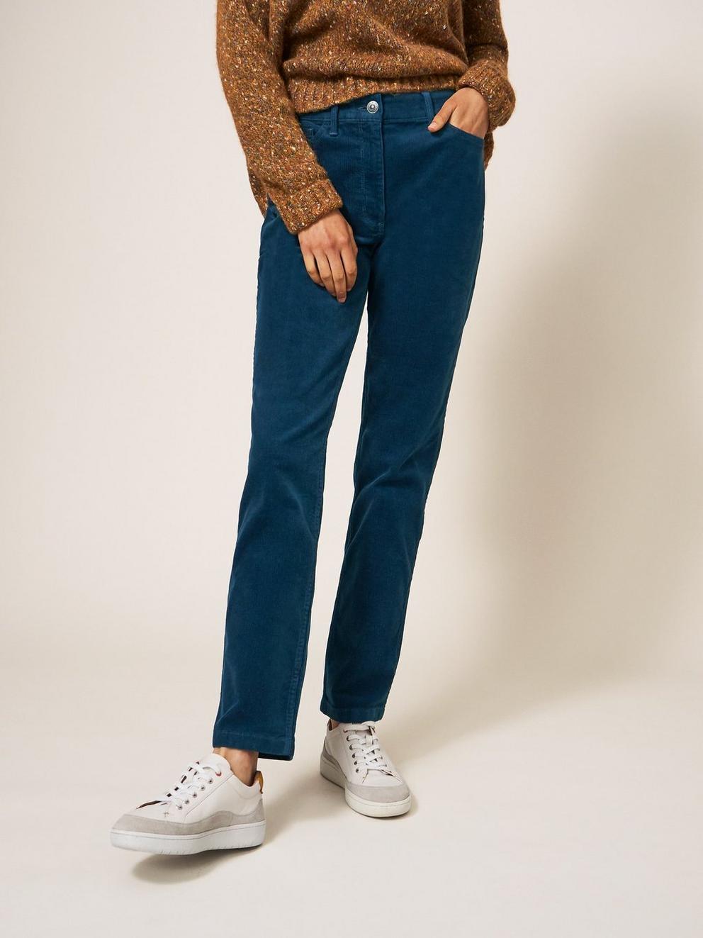 Brooke Mid Rise Cord Trouser in DK TEAL - MODEL DETAIL