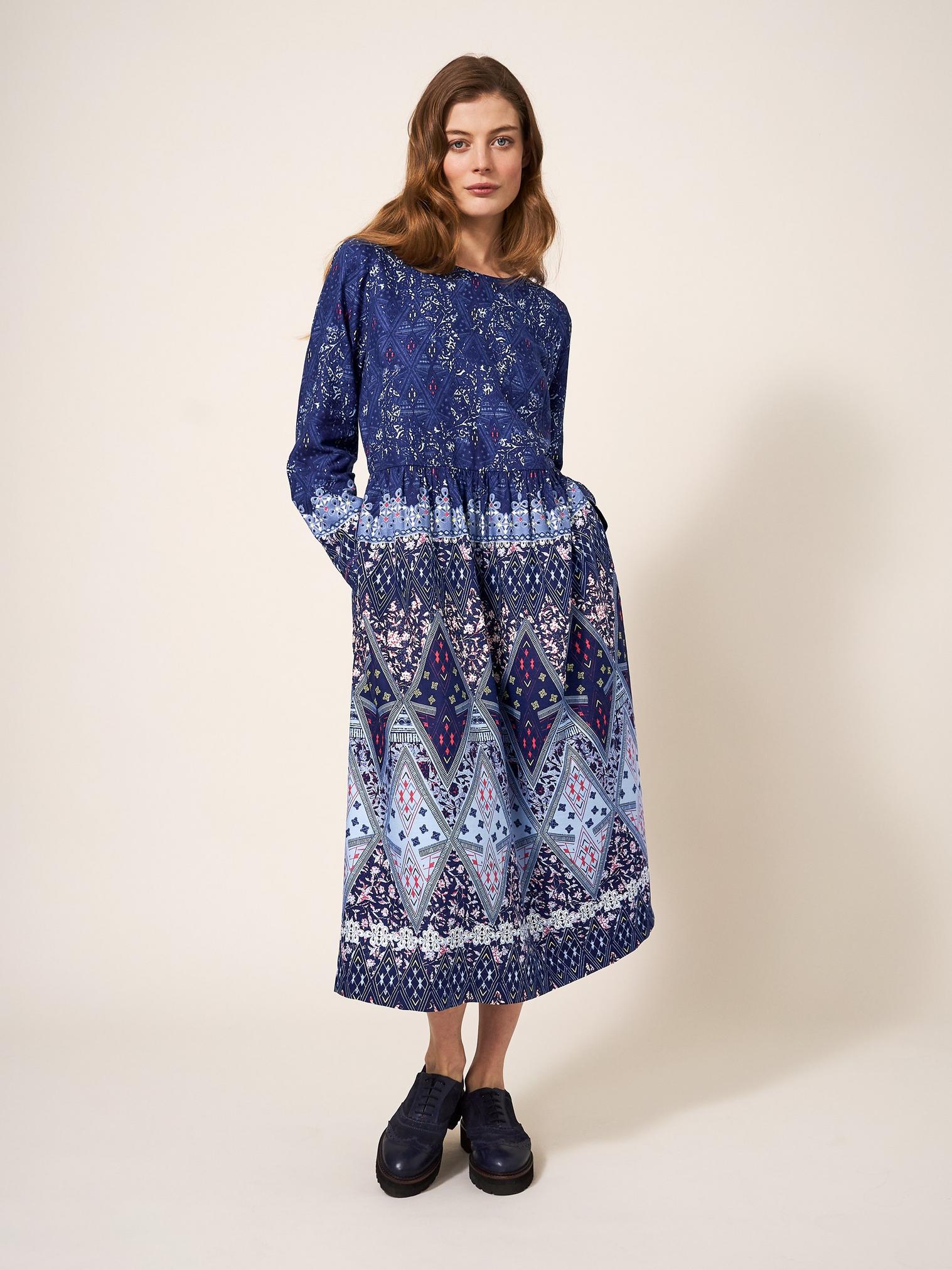 Elisa Printed Midi Dress in NAVY MULTI - LIFESTYLE