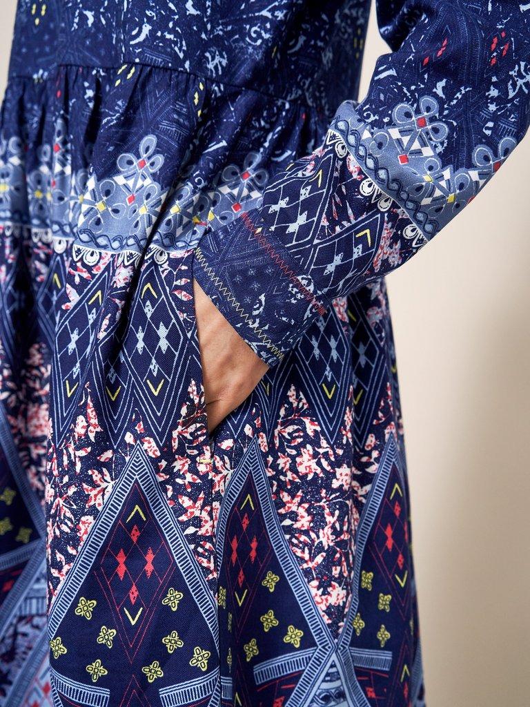 Elisa Printed Midi Dress in NAVY MULTI - MODEL DETAIL