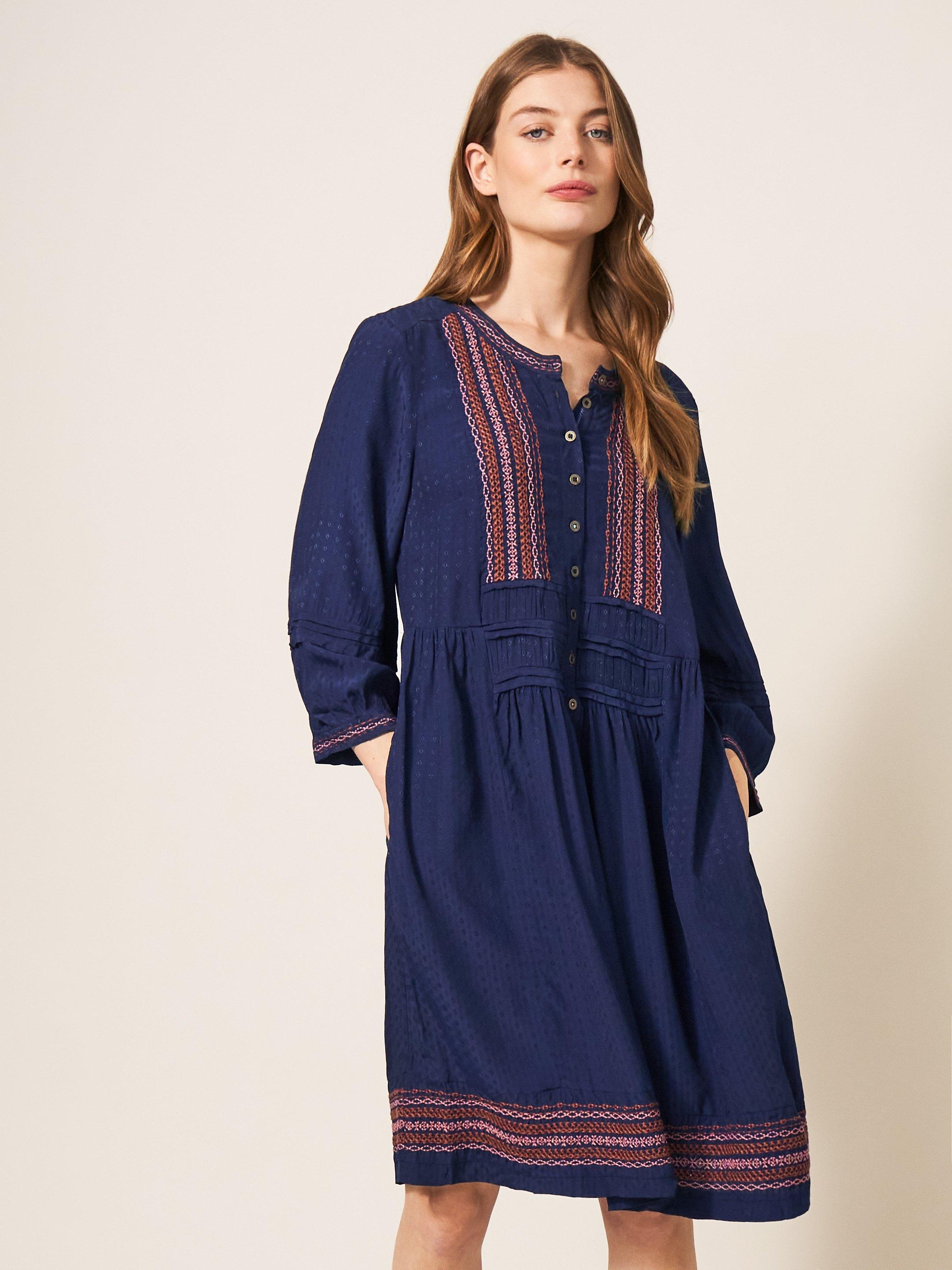 Liv Embroidered Dress in NAVY MULTI - LIFESTYLE