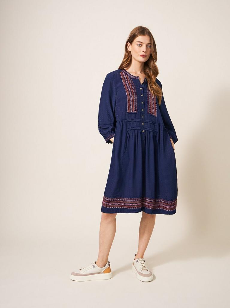 Liv Embroidered Dress in NAVY MULTI - MODEL DETAIL