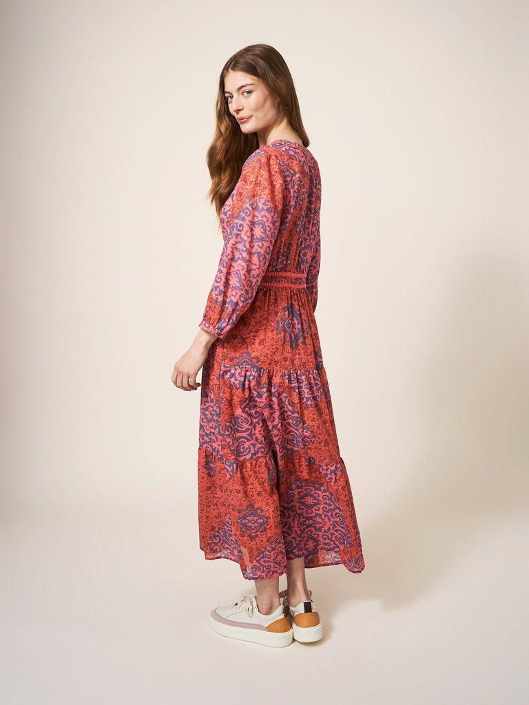 Jenna Printed Midi Dress in RED MLT - MODEL BACK