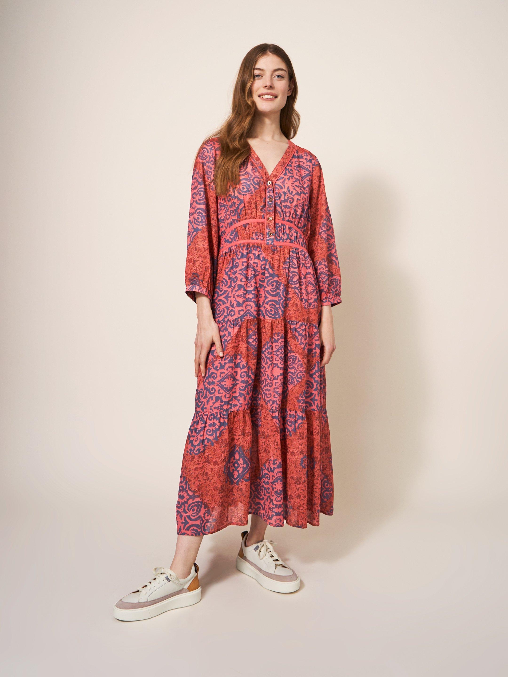 Jenna Printed Midi Dress in RED MLT - MODEL FRONT