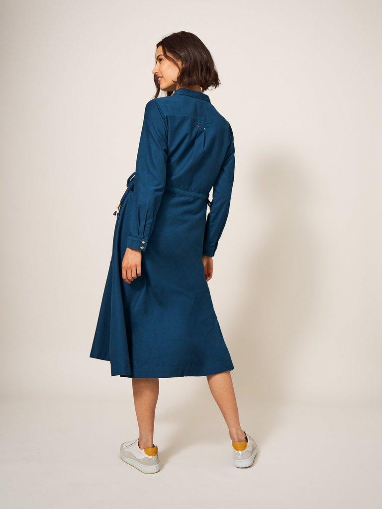 Jade Cord Shirt Midi Dress in DK TEAL - MODEL BACK