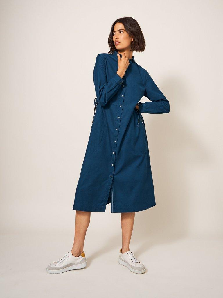 Jade Cord Shirt Midi Dress in DK TEAL - MODEL DETAIL