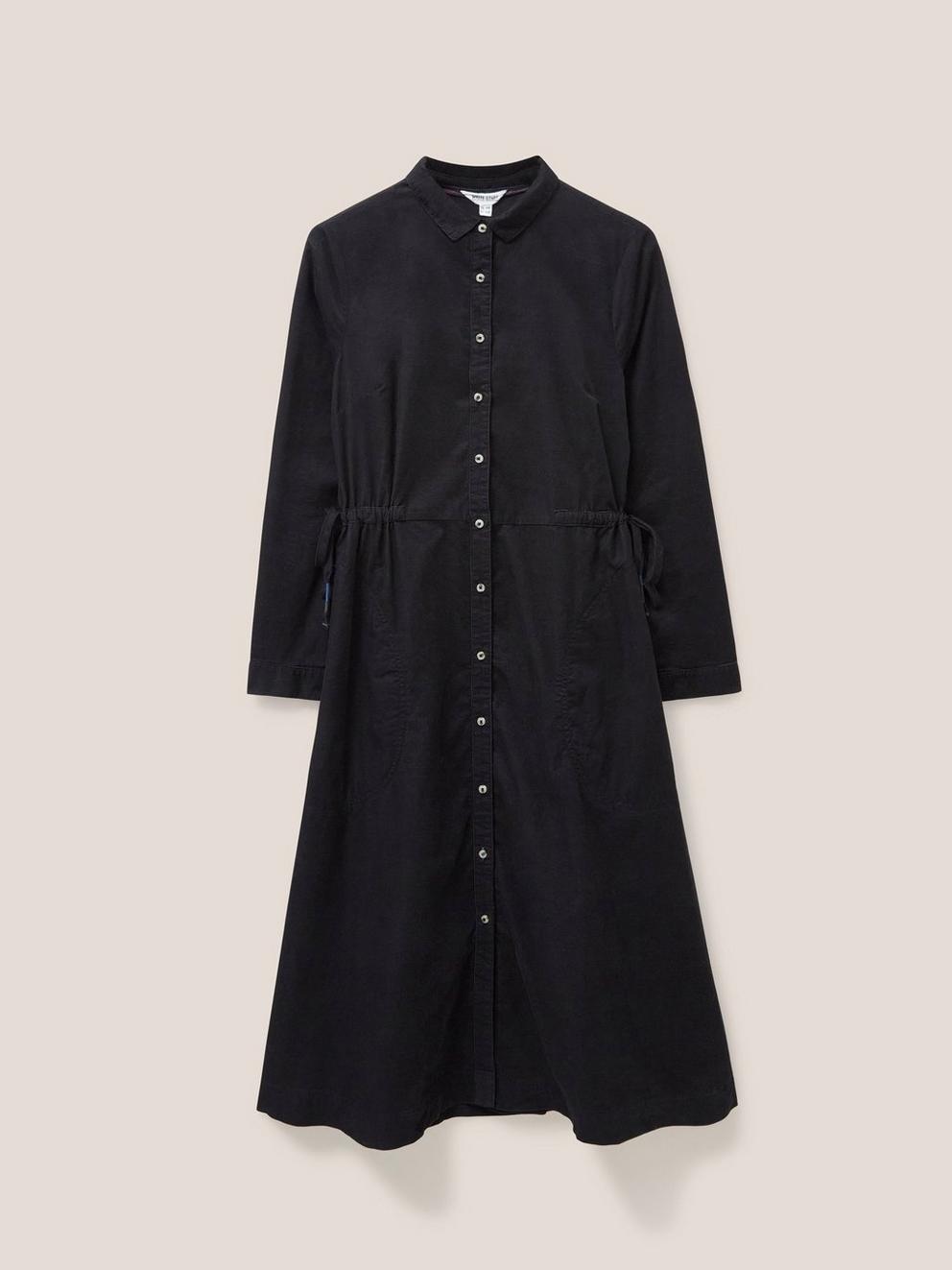 Jade Cord Shirt Midi Dress in PURE BLK - FLAT FRONT