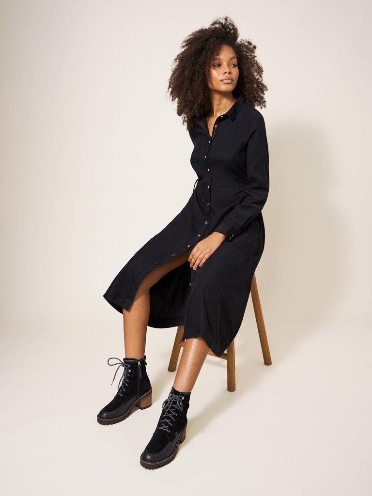 Jade Cord Shirt Midi Dress in PURE BLACK White Stuff