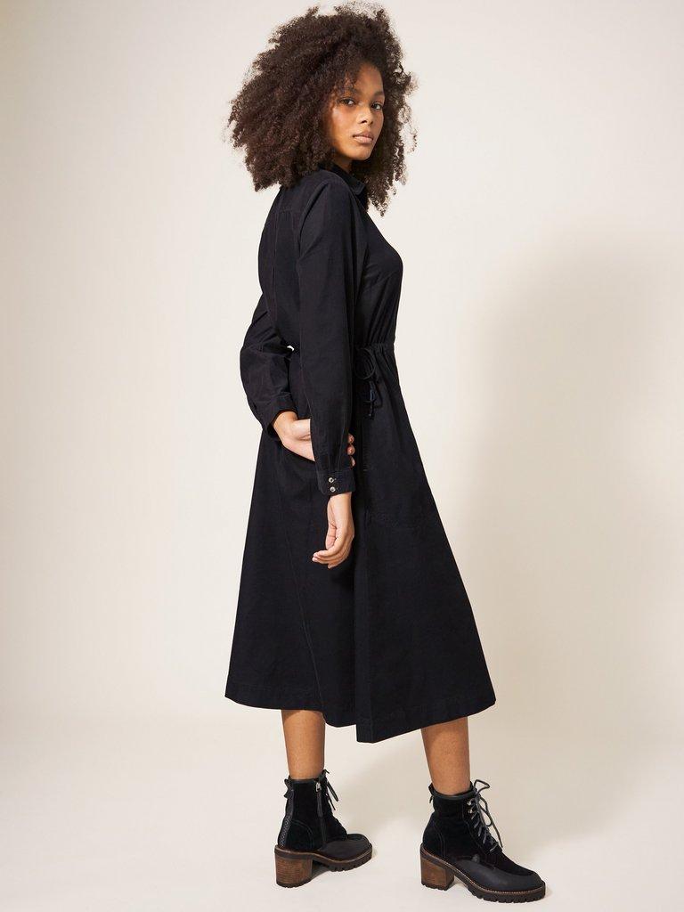 Jade Cord Shirt Midi Dress in PURE BLK - MODEL BACK