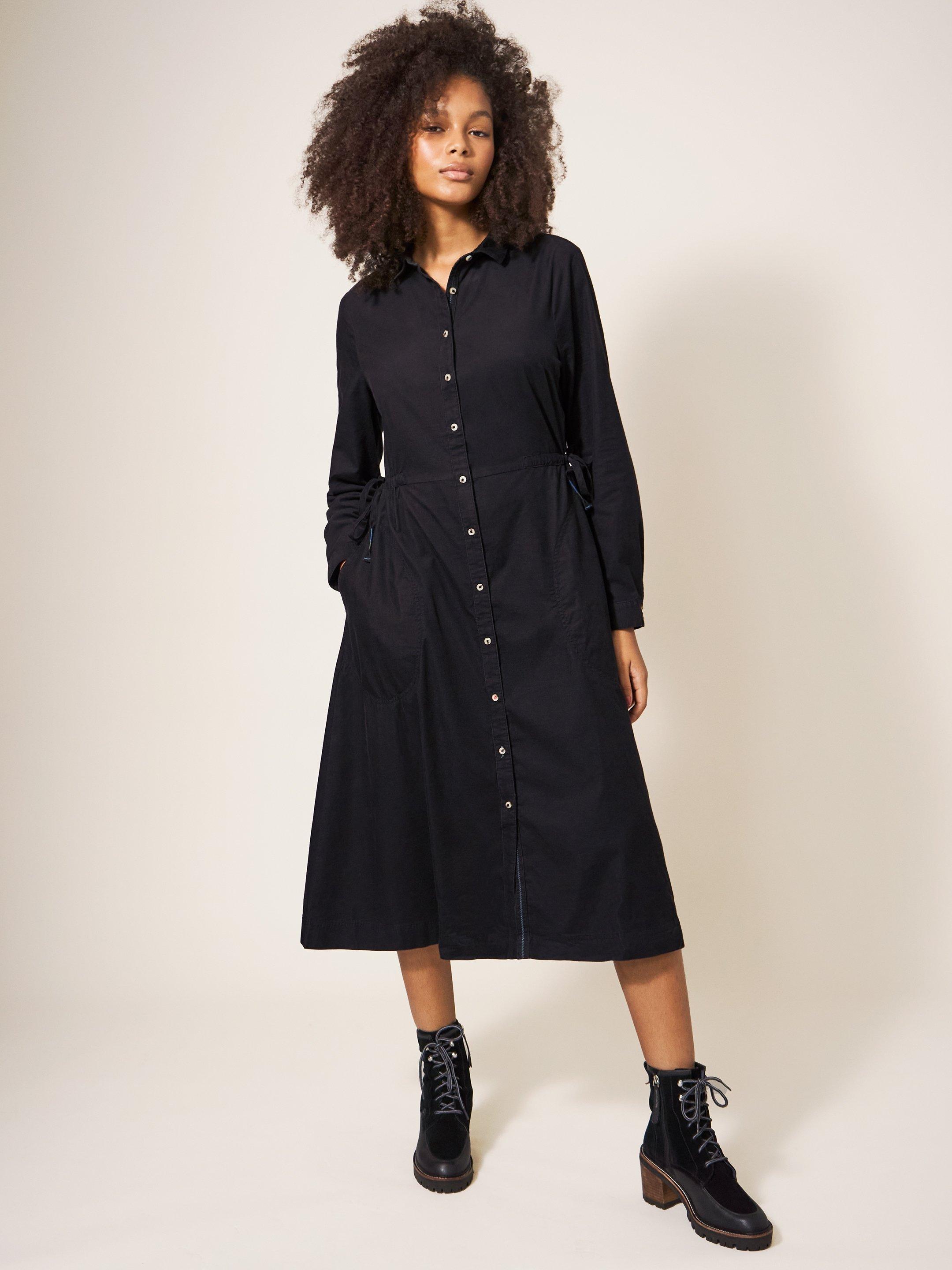 Jade Cord Shirt Midi Dress in PURE BLK - MODEL DETAIL