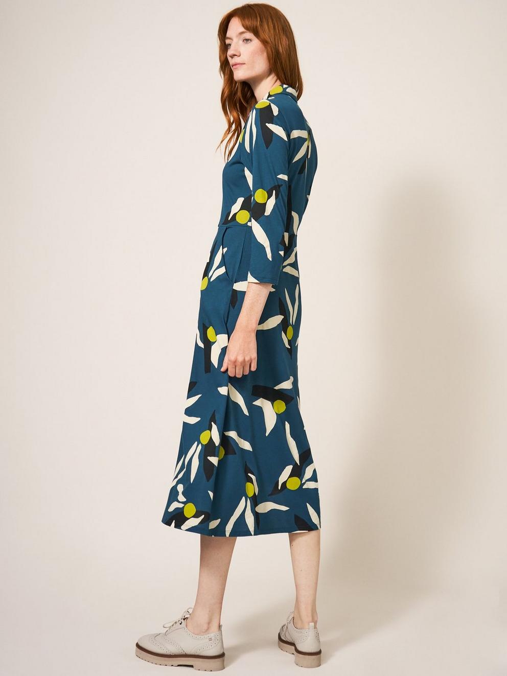 Rua Printed Midi Dress in TEAL MLT - MODEL BACK