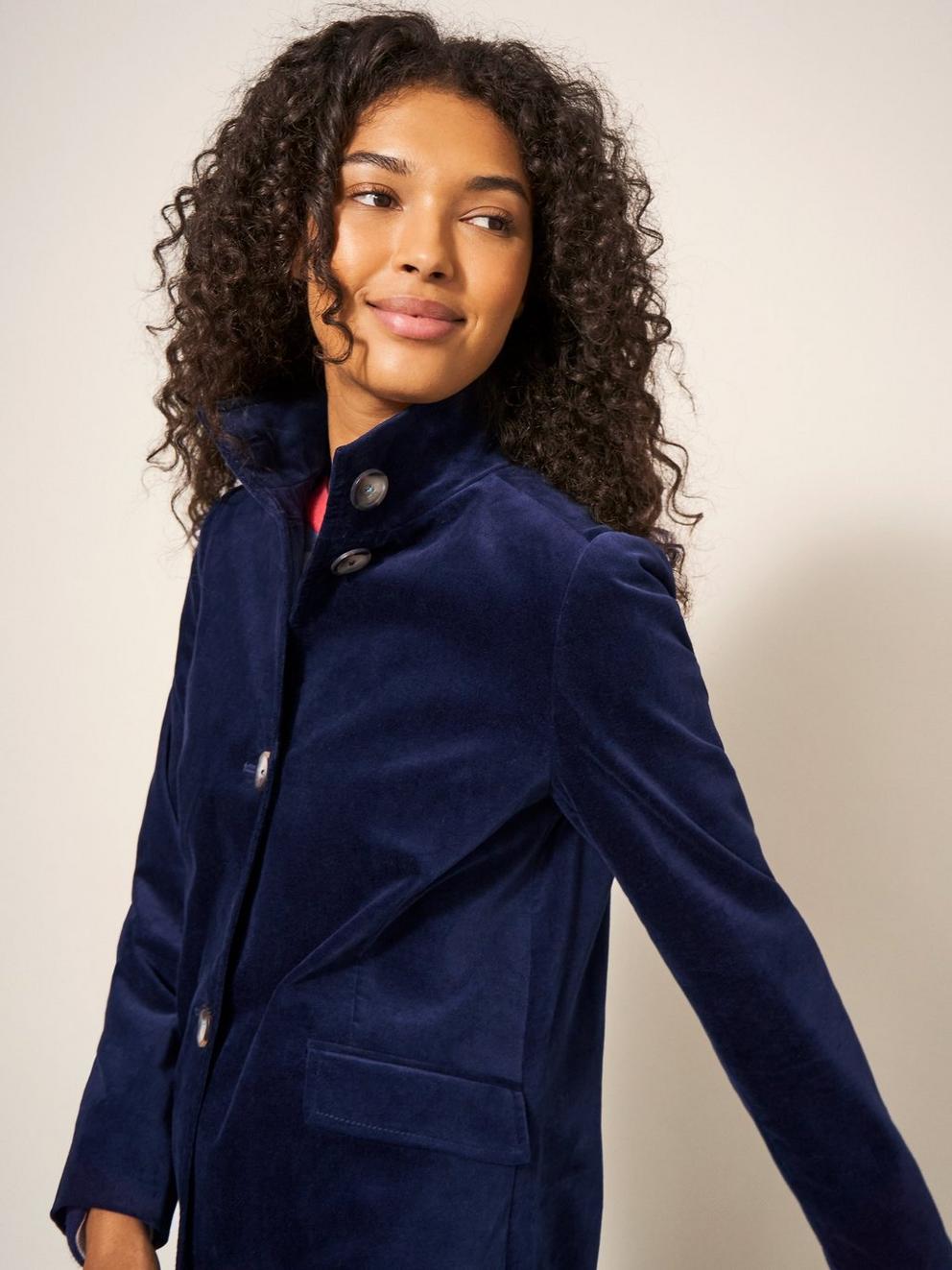 Karla Smart Velvet Coat in DARK NAVY - MODEL FRONT