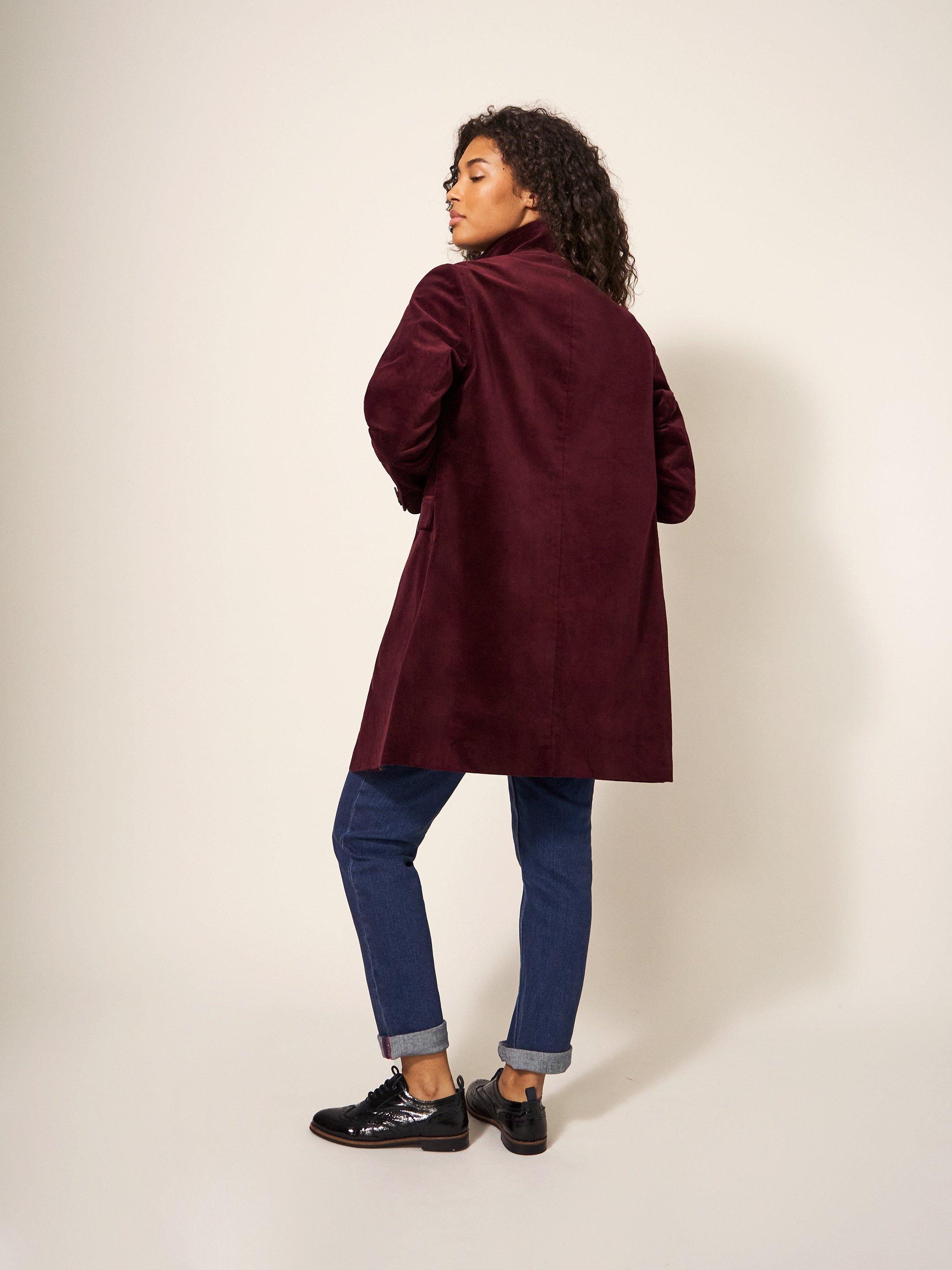 Karla Smart Velvet Coat in DK PLUM - MODEL BACK