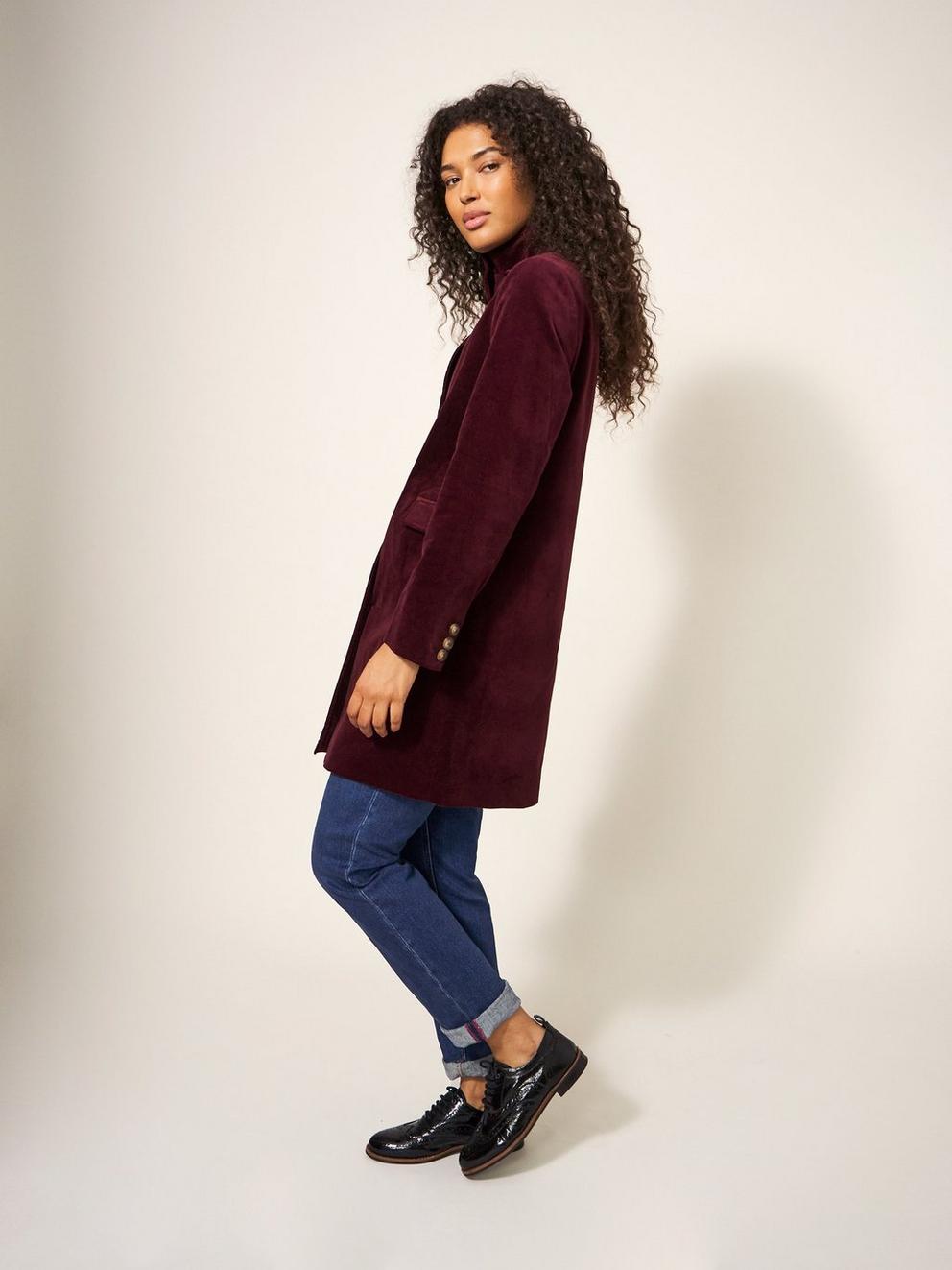 Karla Smart Velvet Coat in DK PLUM - MODEL DETAIL