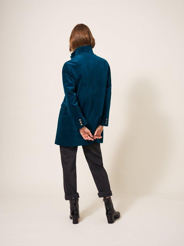 Karla Smart Velvet Coat in DK TEAL - MODEL BACK