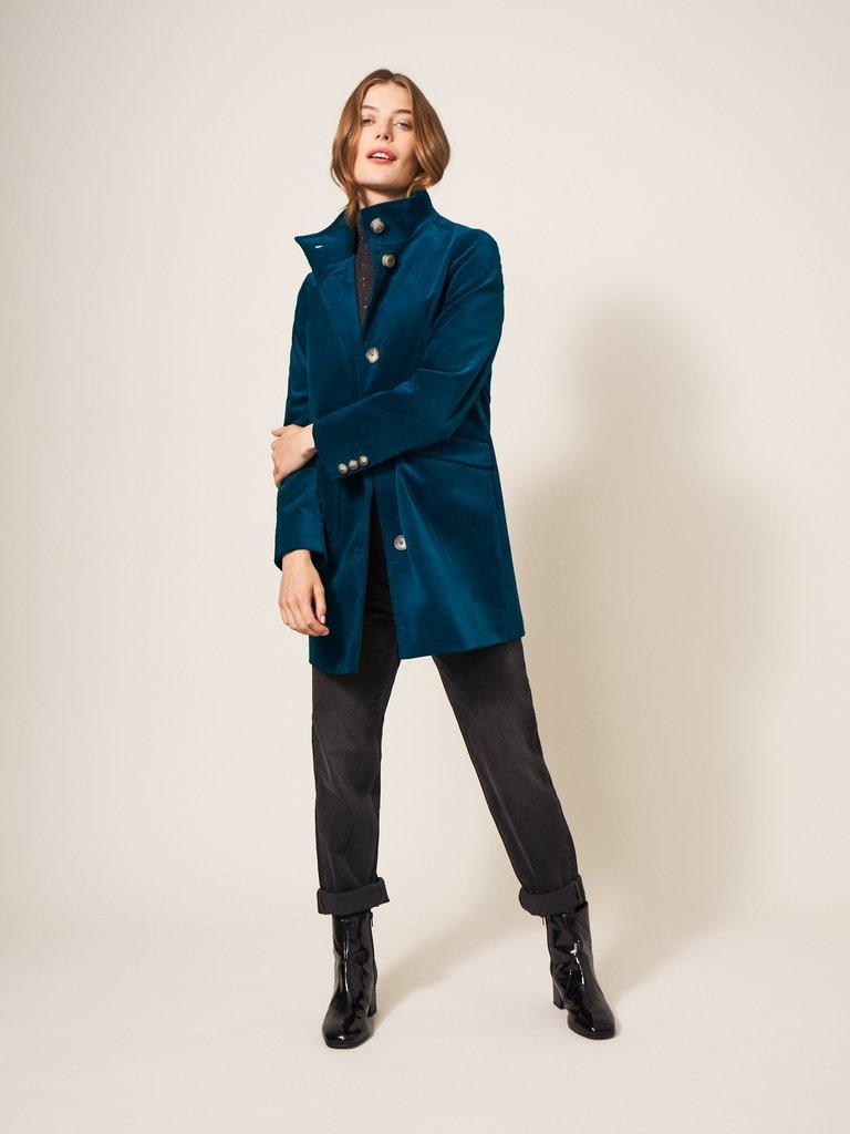 Karla Smart Velvet Coat in DK TEAL - MODEL FRONT